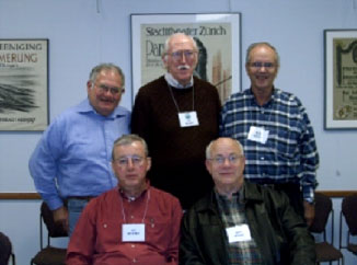 Monsanto retirees attending Lifelong Learning programs:  Front row L-R: Jim Leyerle and Bos Irvine. Back row L-R: Les Gaffner, J.J. Burke, and Bob Otto. (See Editor's note below.)