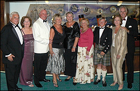 Pictured from L-R in front of the ship's model outside of the Corona Dinning Room are Melvin Katz, Elsie Katz, Les Lenham, Mary Kellett, Mary Metcalfe, Esther Primrose, Terry Primrose, Robbie Williams, and Chandler Williams.